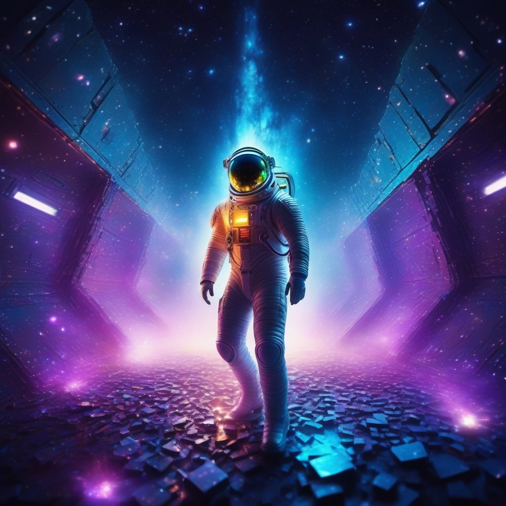 a silver-skinned man works magic over a cauldron of microspheres of electric plasma nuclei inside, looks into the distance with a frightening smile, is in the high-tech apartments of a large spaceship, a broken spacesuit lies on the floor, everywhere cosmic dust flies in the air, fog spreads across the floor, night, neon light from  corners of steel walls consisting of cloudy silver glass blocks, flying in deep space at supersonic speed through space tunnels and galaxies