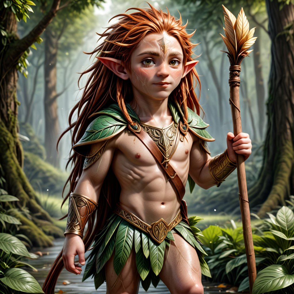 (((masterpiece, ultra detailed, 16k texture, fotorealistic.)))an fantasy imamage of one very young redhead halfling with pointed ears ,Druid , with leaves and tames that envelop him like an leaves armour, in ultra detailed in 16k, in a carefree and cheerful pose,( holding a long wooden stick shaped like a slingshot) , a pan flute tied around his neck, full body, High detailed 16k, very  very long red thick dreadlocks hair. hyper realistic photo 