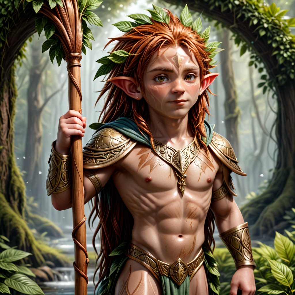 (((masterpiece, ultra detailed, 16k texture, fotorealistic.)))an fantasy imamage of one very young redhead halfling with pointed ears ,Druid , with leaves and tames that envelop him like an leaves armour, in ultra detailed in 16k, in a carefree and cheerful pose,( holding a long wooden stick shaped like a slingshot) , a pan flute tied around his neck, full body, High detailed 16k, very  very long red thick dreadlocks hair. hyper realistic photo 