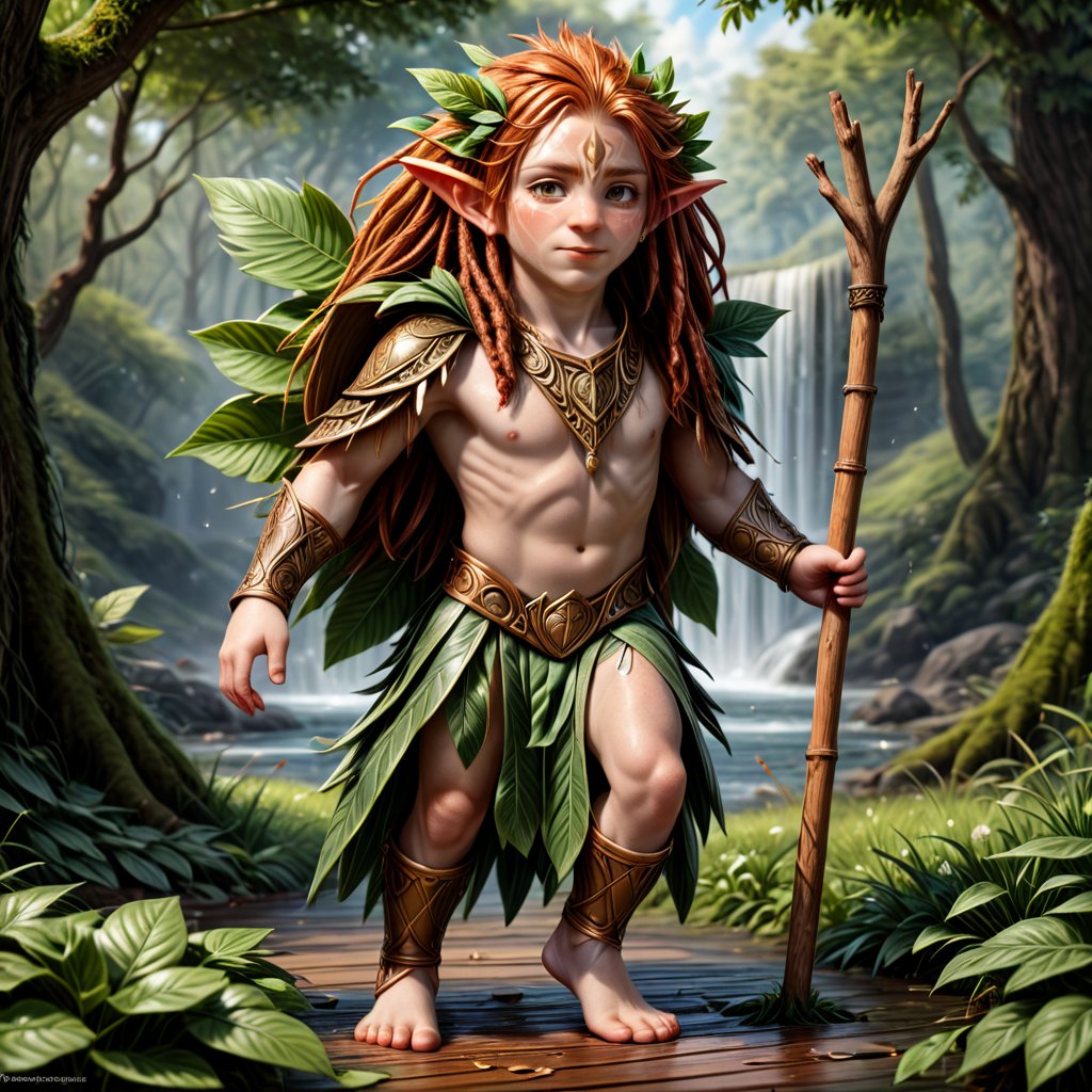 (((masterpiece, ultra detailed, 16k texture, fotorealistic.)))an fantasy imamage of one very young redhead halfling with pointed ears ,Druid , with leaves and tames that envelop him like an leaves armour, in ultra detailed in 16k, in a carefree and cheerful pose, holding a long wooden stick shaped like a slingshot , a pan flute tied around his neck, full body, High detailed 16k very long red thick dreadlocks hair. hyper realistic photo 