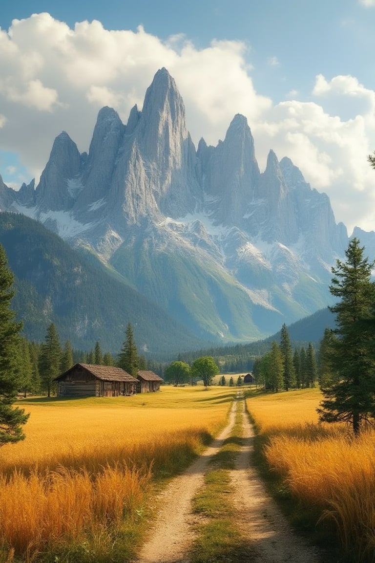 a scenic landscape of a peaceful rural setting with golden wheat fields and a dirt road leading towards wooden barns. Towering, jagged mountains covered with patches of snow rise in the background, under a sky filled with soft, fluffy clouds. The scene should be rich with green trees scattered around the fields, offering a sense of harmony between agriculture and nature. The lighting is warm, reflecting late afternoon sun, casting gentle shadows across the land and enhancing the colors of the fields, trees, and mountains, High dynamic range style