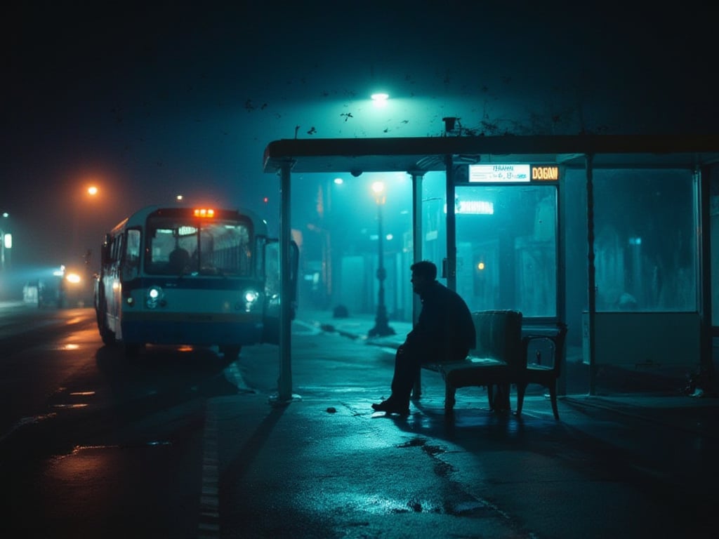 a person sitting on a bench at a bus stop, neon fog, rich moody colors, absolute peace and quiet, infinite reflections, dark contrast, man sitting facing away, window to night time, rainbow color scheme, teal palette, unconnected, passengers, ominous photo.