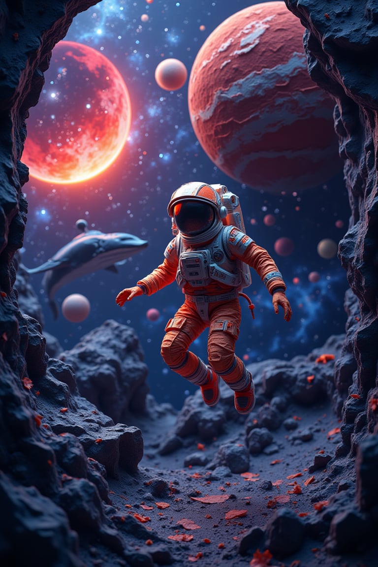 Astronaut floating through a cosmic landscape with planets and a whale, stylized as paper cut-outs, vivid and dynamic colors, dramatic lighting, deep space backdrop, cinematic composition.,Made out of paper,FluxBoost