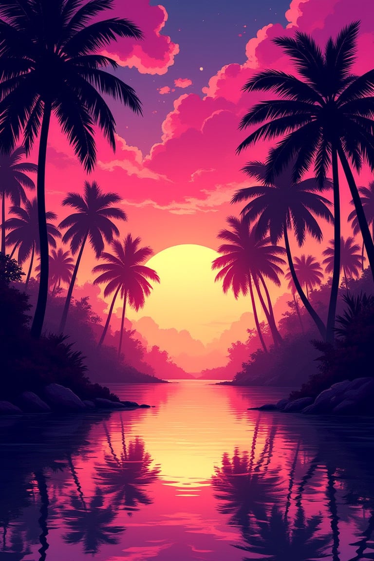 Create a vibrant tropical sunset scene with tall silhouettes of palm trees against a sky filled with vivid hues of pink, orange, and purple. The reflection of the sky and trees should be visible on a calm body of water, enhancing the dreamlike and tranquil atmosphere.,High dynamic range style,illustrated