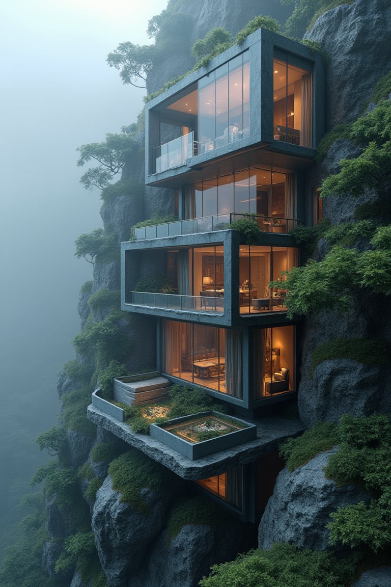 Design a futuristic and luxurious glass building perched on a misty mountainside. The structure should feature multiple levels with warm, glowing interiors that contrast with the cool, foggy surroundings. The building should appear both modern and seamlessly integrated into the natural landscape, with lush greenery visible on some of the levels.,High dynamic range style,FluxBoost