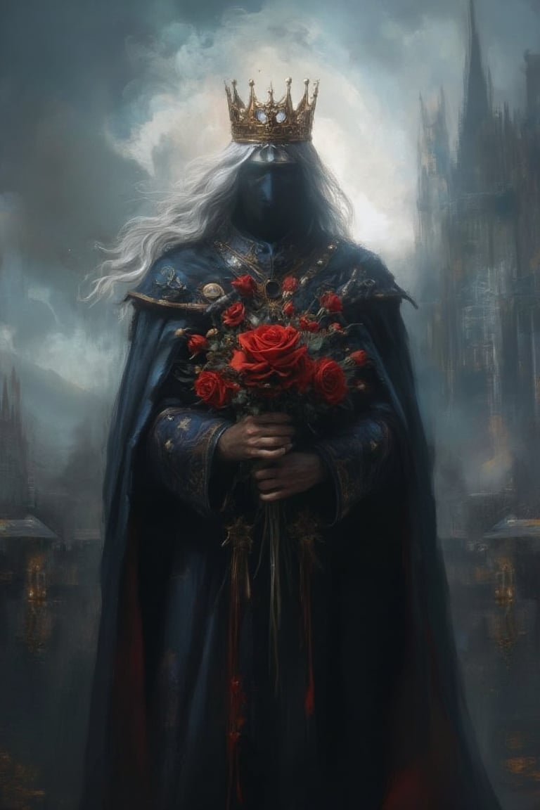 flower, bouquet, red_flower, holding, long_grey_hair, solo, dark_crown, gold_crown, blue_cape, rose, outdoors, castle, sky, cloud, holding_bouquet, grey_sky, fog, no face, king, cloudy_sky, standing, red_rose, digital matte, painting, Cinematic moody colors, dark soul style.,jntsmoscuro,digital_painting