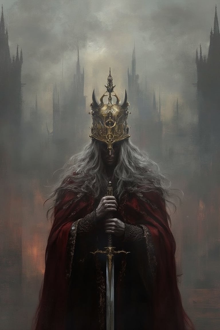 elden ring theme, majestic death king of Leyndell, Royal Capital, Mysterious and ruthless personality, sword, silver_sword, holding, long_grey_hair, solo, gold_crown, dark red_cape, holding_silver_sword, fog, cloudy_sky, digital matte, painting.,jntsmoscuro,digital_painting