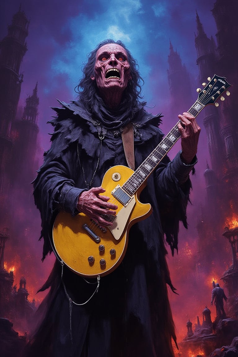 A necromancer Dark Purple holding a yellow guitar in front of a  gehenna city with a crazy mood, screaming loudly, digital art, death metal, highly detailed.,jntsmoscuro,Imp'roveBG