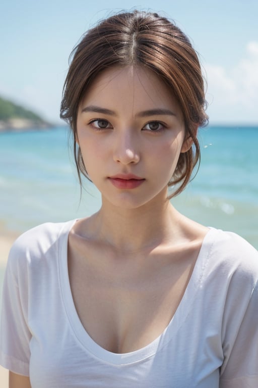 Wide camera angle, half body, masterpiece, best quality, ultra detailed, ultra high res, detailed face, detailed skin texture, (photorealistic:1.4), (portrait:1.3), low cut neckline, short sleeves oversized t-shirt, brown hair, The beach is in the background.