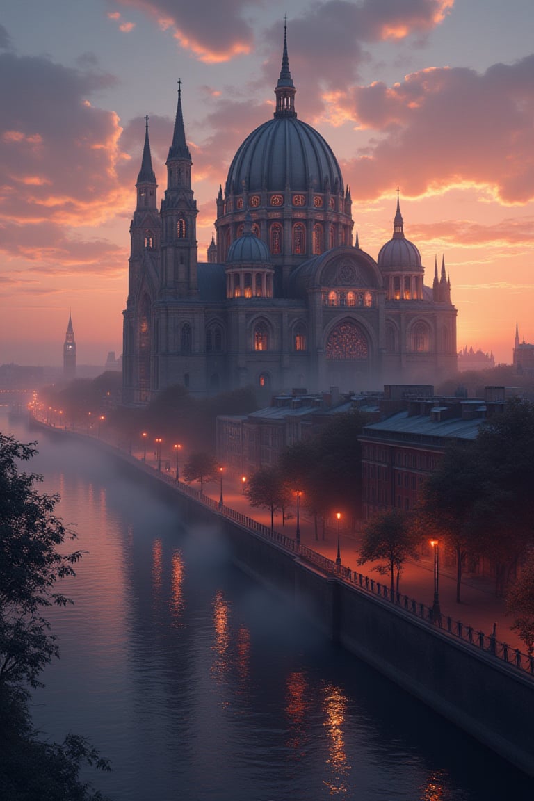 a digital artwork of a grand and majestic cathedral standing by a riverside at dusk. The cathedral features multiple large domes and towering spires, with intricate architectural details. The evening sky is painted with hues of orange and purple, casting a soft glow over the scene. The city around the cathedral is illuminated by warm streetlights, reflecting off the wet streets and the shimmering river. The atmosphere is both tranquil and mysterious, with a soft mist surrounding the lower parts of the cathedral and the riverbank.,Digital Scenery,High dynamic range style,FluxBoost