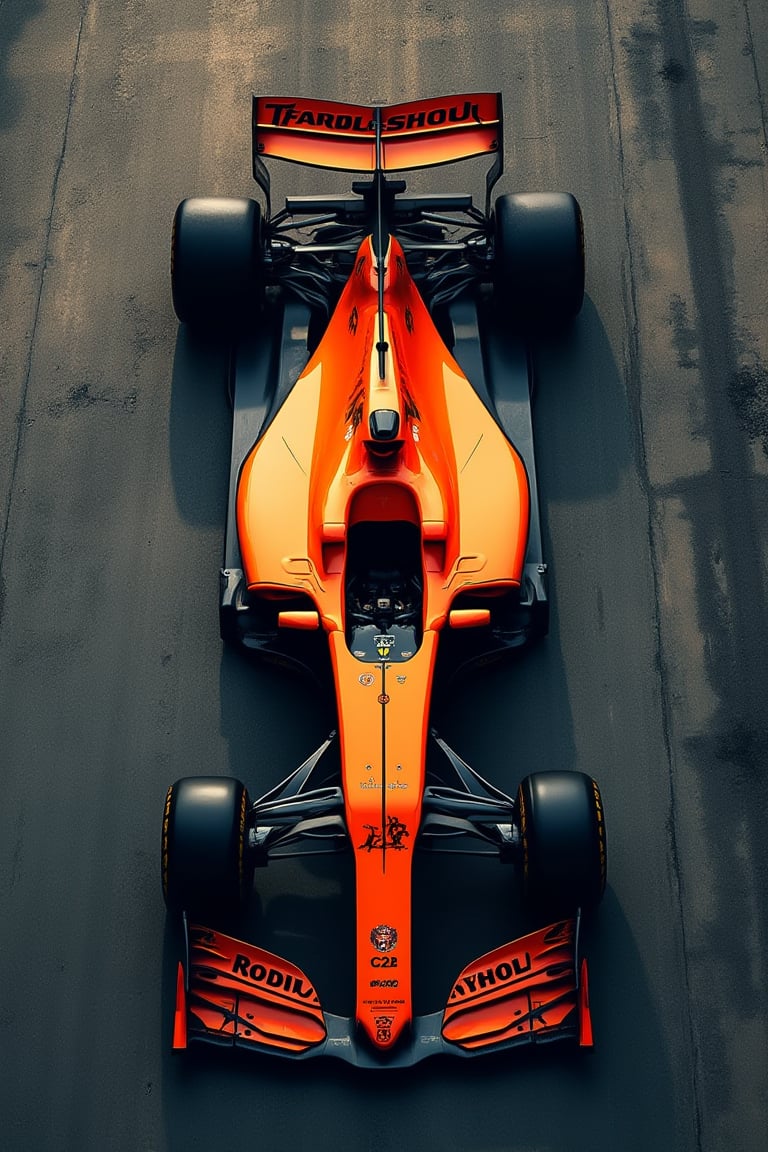 An overhead view of a sleek Formula 1 racing car, featuring a bright orange and black color scheme. The car is placed on a textured race track with dark gray and brown tones, indicating tire marks and debris. The design of the car highlights its aerodynamic features, including large front and rear wings, and low ground clearance, The image uses a high dynamic range (HDR) technique to enhance the contrast and details, making the car and track appear highly realistic and vivid.,High dynamic range style