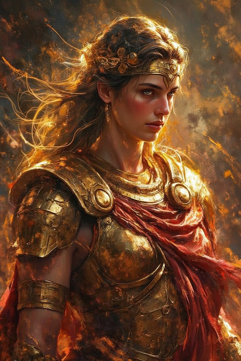 Epic fantasy, digital matte painting, Goddess Athena wearing Golden Aegis Armor, inspired by cinematic visuals with a stylish look, featuring black, gold, red, and yellow colors, low light, natural light, spectacular, oilpainting, digital_painting