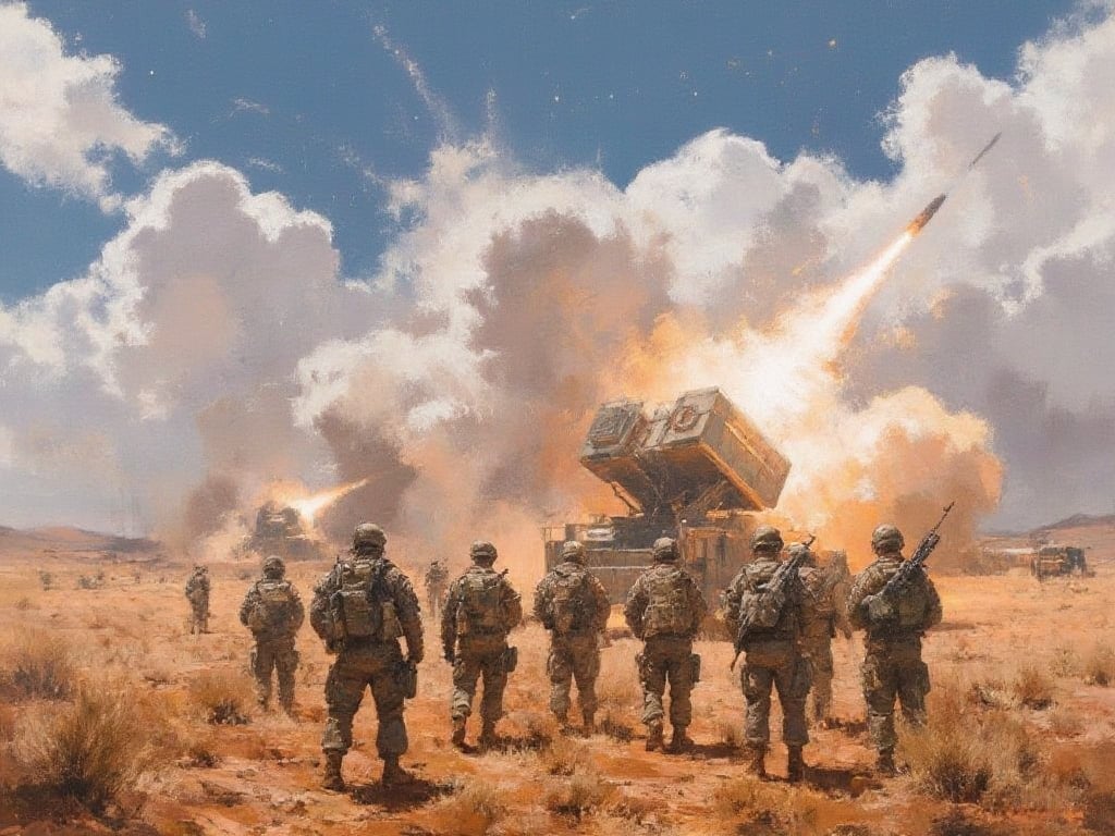 A group of American soldiers standing on a dirt field, with missile explosions in the sky, inspired by Michael Komarck, sectoid, New Mexican desert background, obelisks, muzzle flash, artist's rendition, flares, HIMARS, booster flares, oli painting. 