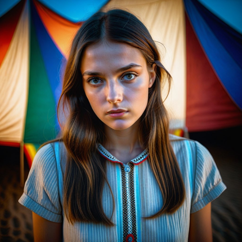 Hyperrealistic photography, surreal photography of a young beautifull woman, grey eyes, long brown hair, sad expression, linen dress, entricated details ligths,In the background you can see a detail of the worn tricolor canvas of the tent of a bizarre variety circus, colours soft pastel ´60, best quality, 8k, ultra high res, Jorge Martin style, Masterpiece.