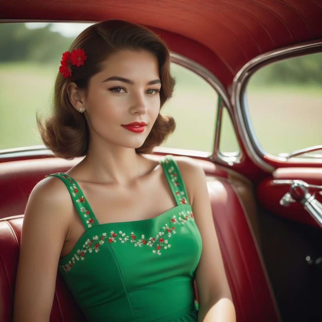 Beautiful 21-year-old woman, sitting very relaxed in the back seat of a classic car from the 50s, wearing a short green dress with small red flowers, loose brown hair, beautiful natural light, high definition, skin with details, 8k UHD, Jorge Martin Style Masterpiece