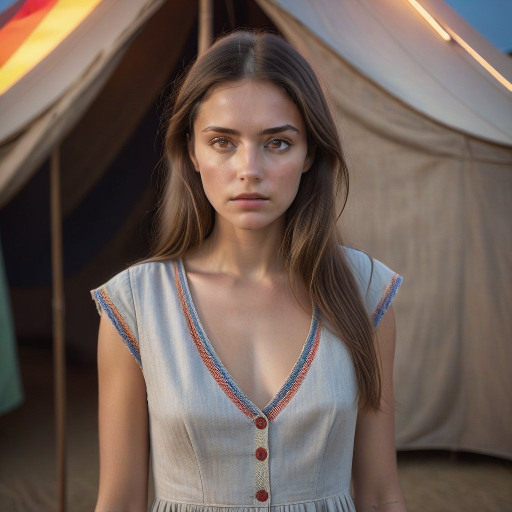 Hyperrealistic photography, surreal photography of a young beautifull woman, grey eyes, long brown hair, sad expression, linen dress, entricated details ligths,In the background you can see a detail of the worn tricolor canvas of the tent of a bizarre variety circus, colours soft pastel ´60, best quality, 8k, ultra high res, Jorge Martin style, Masterpiece.