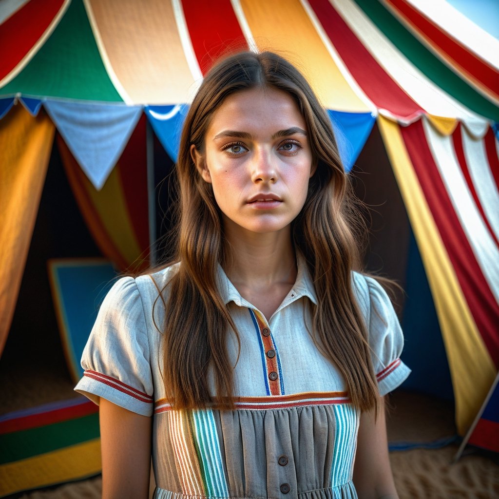 Hyperrealistic photography, surreal photography of a young beautifull woman, grey eyes, long brown hair, sad expression, linen dress, entricated details ligths,In the background you can see a detail of the worn tricolor canvas of the tent of a bizarre variety circus, colours soft pastel ´60, best quality, 8k, ultra high res, Jorge Martin style, Masterpiece.