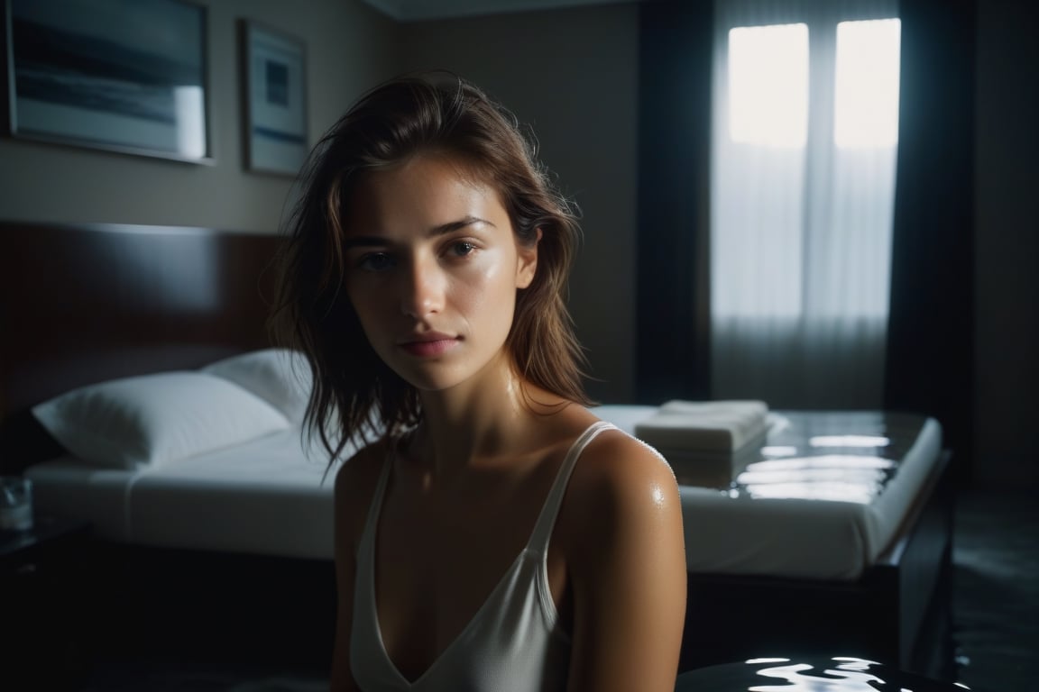 Pinhole, Heliographic, photography, high quality, 8K Ultra HD, hyper-realistic Photography 20 years old woman, BROWN HAIR, in MODERN BEDroom, FLOODED WITH WATER UP TO THE KNEES in the background ,DARK shadows, clean sharp focus, f 4, with NATURAL SKIN and a melancholic aura, VERY SAD EXPRESSION and desperate expression, stares directly into the camera with a hard focus. DRAMATIC LITGH, REMBRANT POSE, Kodakchrome 160, Jorge Martin Style