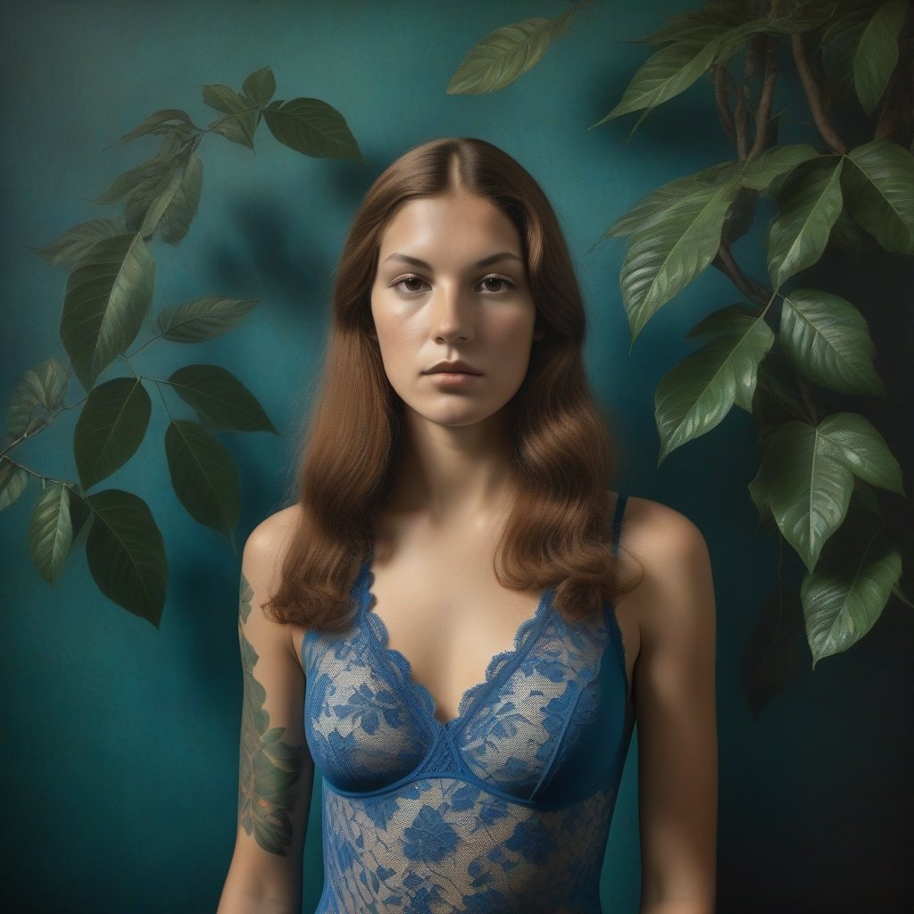 Mix Vintage photo realistics and René Magritte paint style a photorealistic Natural portrait, dramatic light, young argentinian woman with long brownheads with little tattoos on the body in blue lace swimsuitIn among branches. In the living room against the background of a darkgreen plastered wall. Hyper Realistic, detailed portrait. Jorge Martin Style