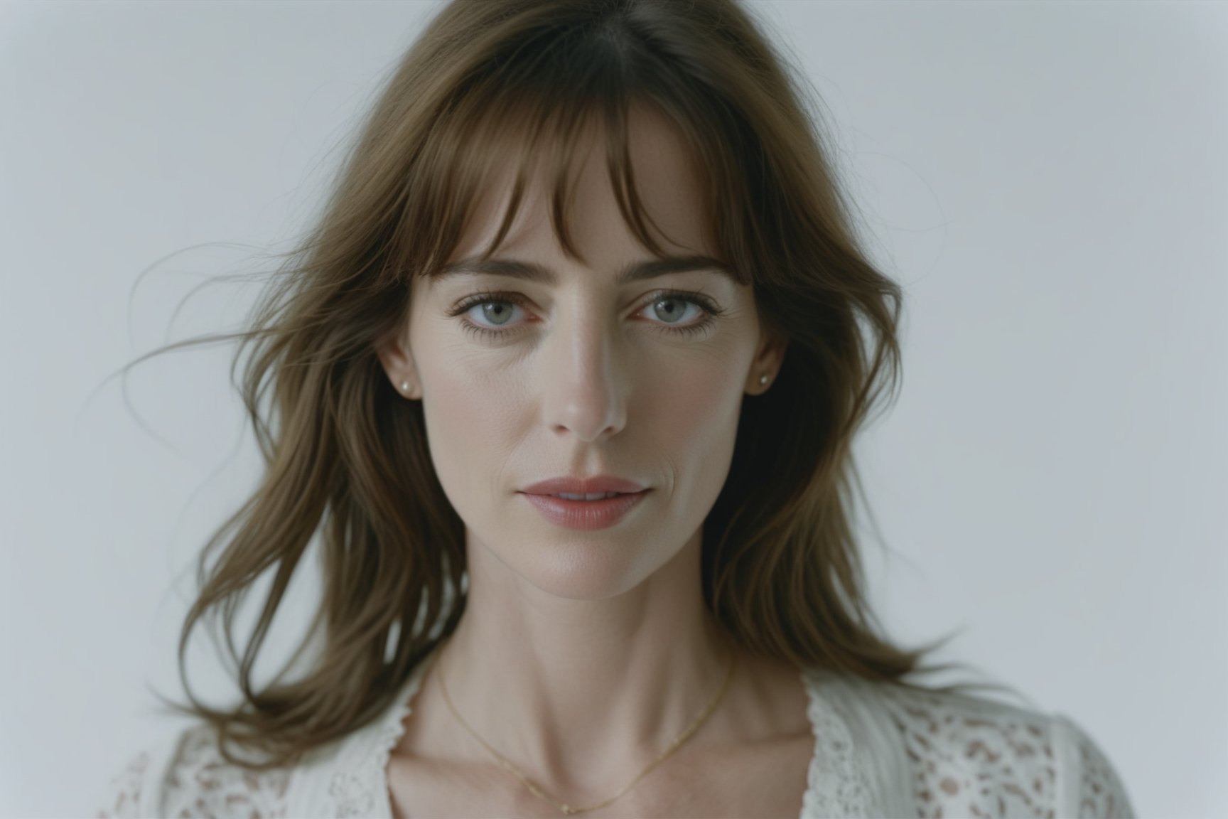 Pinhole, fusion between Jane Birkin and Eva Green, beautiful woman centred looking at camera, middle shot body, Stunning, dramatic, vivid, white background, close up, 8k, UHD, by Jorge Martin