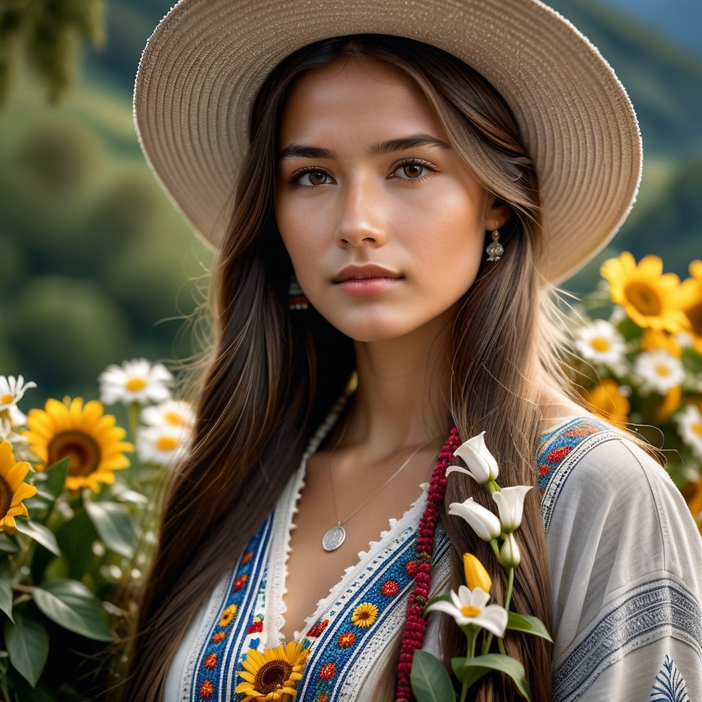 Hyperrealistic photography, beautiful yuong woman, 20 years old, long brown hair, grey eyes,A close up of a beautiful girl with beautiful sad eyes, who looks towards the sky, with hope, and who carries a bouquet of flowers in her hat, HD, 8K high definition, intricate details, extremely detailed.The woman is indigenous from America, UHD; 8K , Jorge Martin style, Masterpiece 