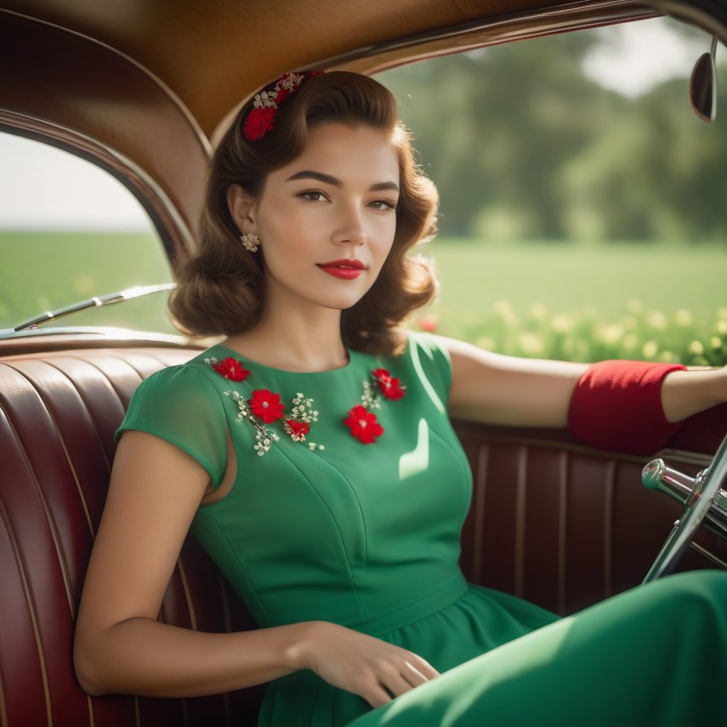 Beautiful 21-year-old woman, sitting very relaxed in the back seat of a classic car from the 50s, wearing a short green dress with small red flowers, loose brown hair, beautiful natural light, high definition, skin with details, 8k UHD, Jorge Martin Style Masterpiece