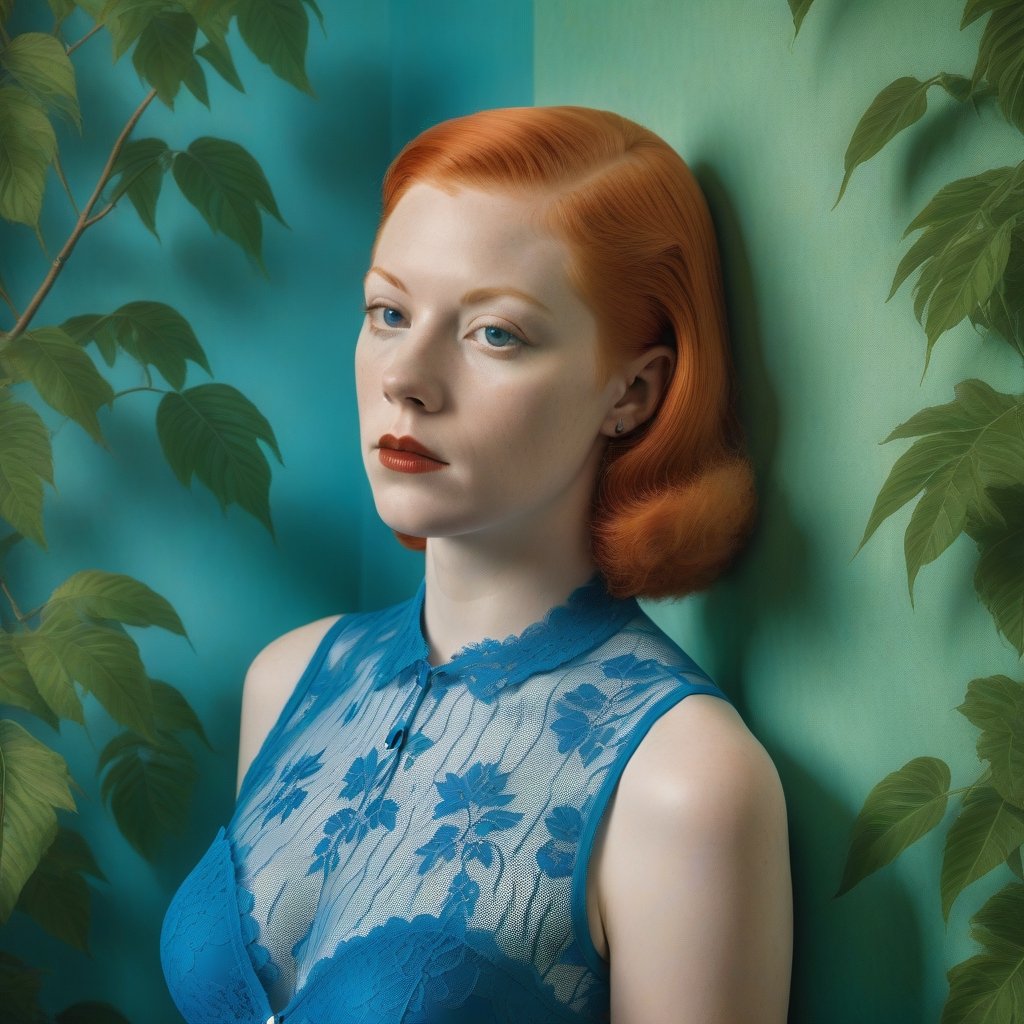 Mix Vintage photo realistics and René Magritte paint style a photorealistic portrait, dramatic light, young albino woman with long redheads with tattoos on the body in blue lace swimsuitIn among branches. In the living room against the background of a green plastered wall. Realistic, detailed portrait. Jorge Martin Style