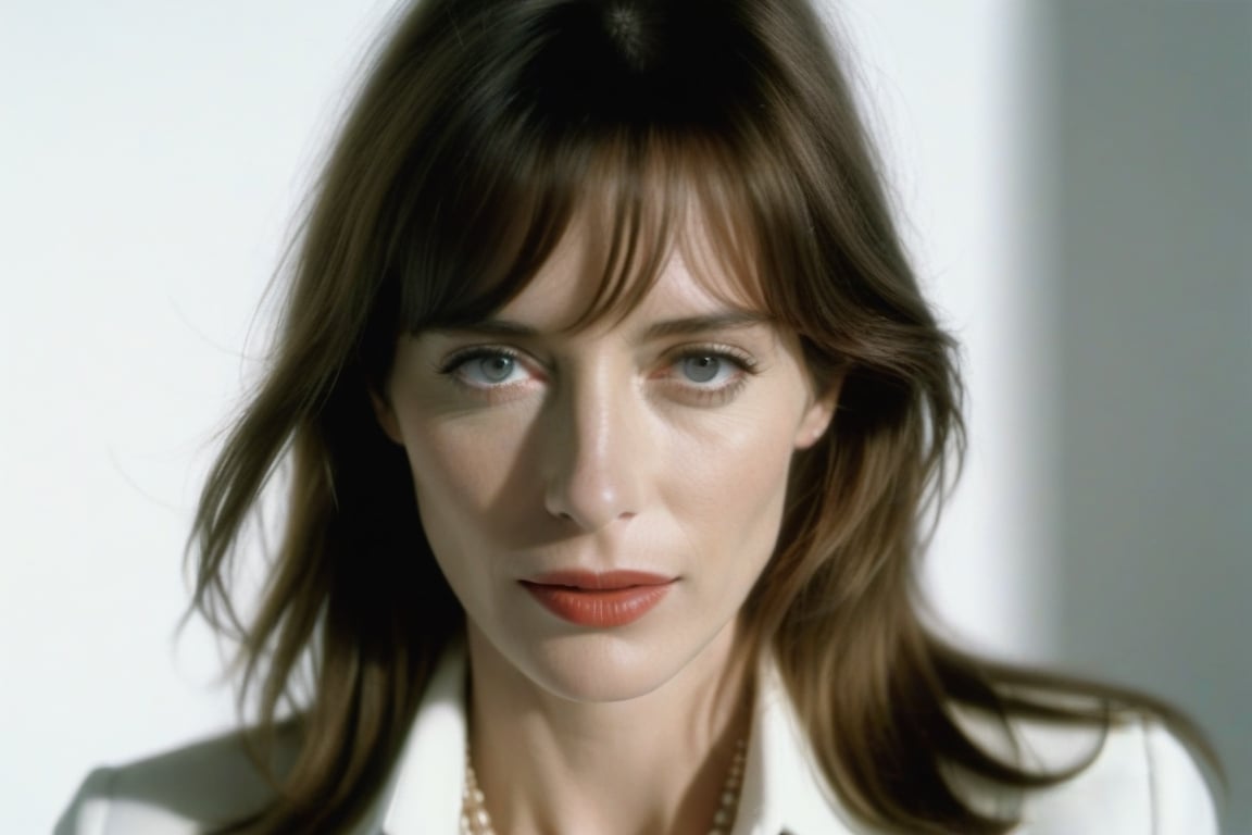 Pinhole, fusion between Jane Birkin and Eva Green, beautiful woman centred looking at camera, middle shot body, Stunning, dramatic, vivid, white background, close up, 8k, UHD, by Jorge Martin