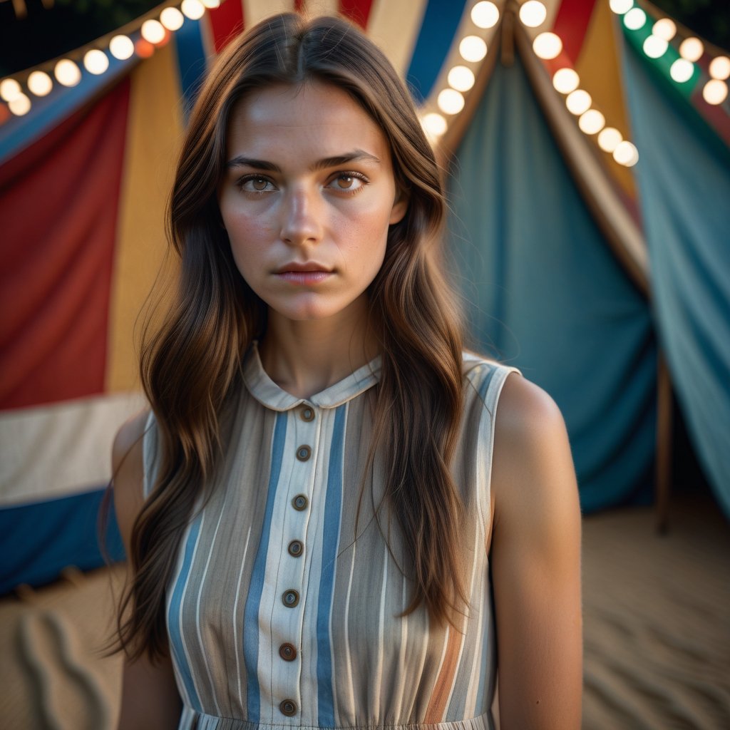 Hyperrealistic photography, surreal photography of a young beautifull woman, grey eyes, long brown hair, sad expression, linen dress, entricated details ligths,In the background you can see a detail of the worn tricolor canvas of the tent of a bizarre variety circus, colours soft pastel ´60, best quality, 8k, ultra high res, Jorge Martin style, Masterpiece.