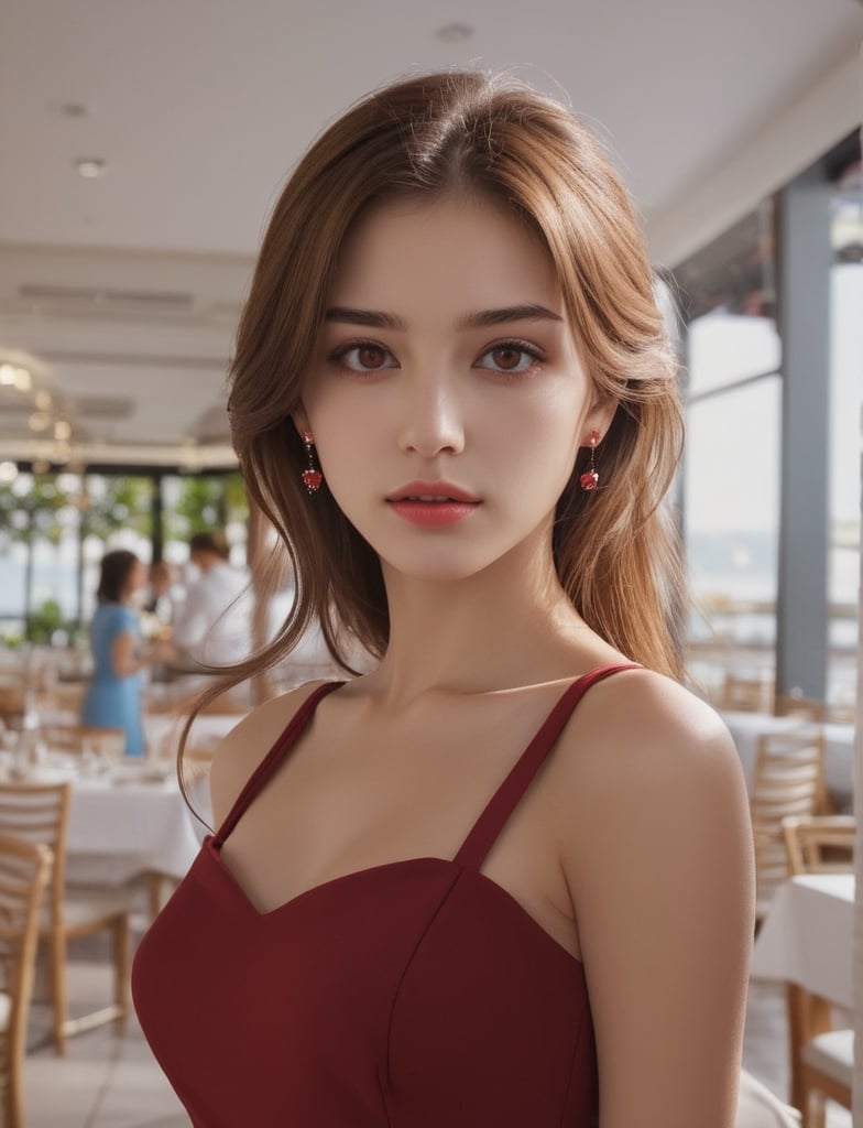 1girl, Beautiful girl, restaurant, good hands, good fingers, solo, clear_image, brown_hair, hazel_eyes, long_hair, good mouth, lips, slender build, white teeth, medium_breasts, red dress, full_body, serious, happy_face, ear studs, good_legs, realistic,beautymix,natalee,Ivi