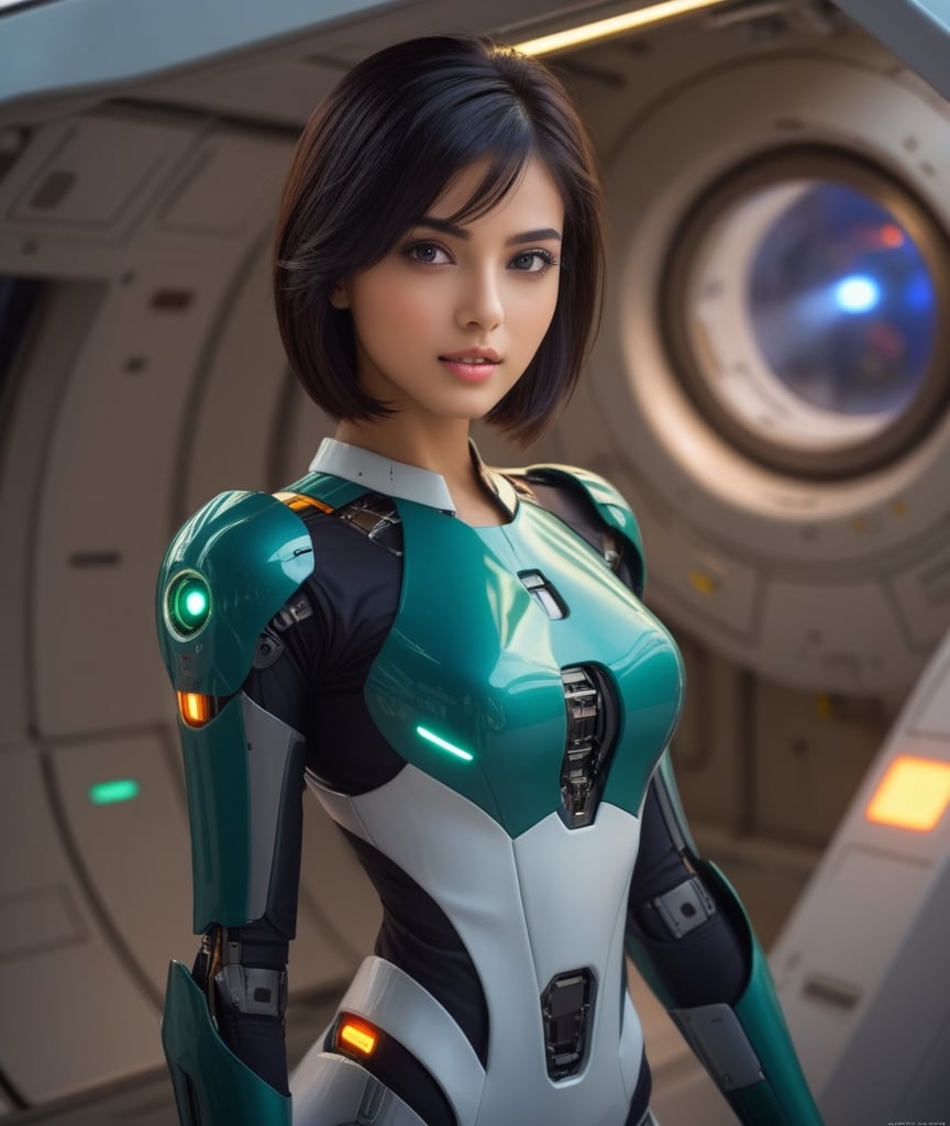 1 girl, Beautiful girl, confident look, the girl in vibrant colours, the girl is brighter than the background, good mouth, good lips, good legs, good eyes, clear_image, beautiful black hair, short hair, black_hair, hazel_eyes, lips, cyborg, robot body, spaceship cockpit, slender build ,white teeth, good teeth, full_body, happy_face, slender_legs, realistic, Detailedface, ,natalee,Pakistani Model,ChristinaElMoussa,cyborg style, Beautiful, REALISTIC, Makeup,skswoman