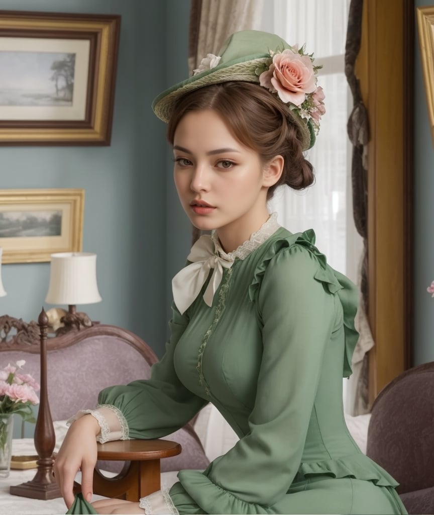 1 girl, Beautiful girl, looking at viewer, eye contact with viewer, mouth closed, victorian dress, green dress, beautiful hat with flowers, good mouth, good lips, good legs, good eyes, clear_image, brown_hair, hazel_eyes, well drawn lips, slender build, medium_breasts, serious, happy_face, pleased face, slender_legs, realistic, Detailedface, REALISTIC, real_booster, Enhance,real_booster, lampstand,