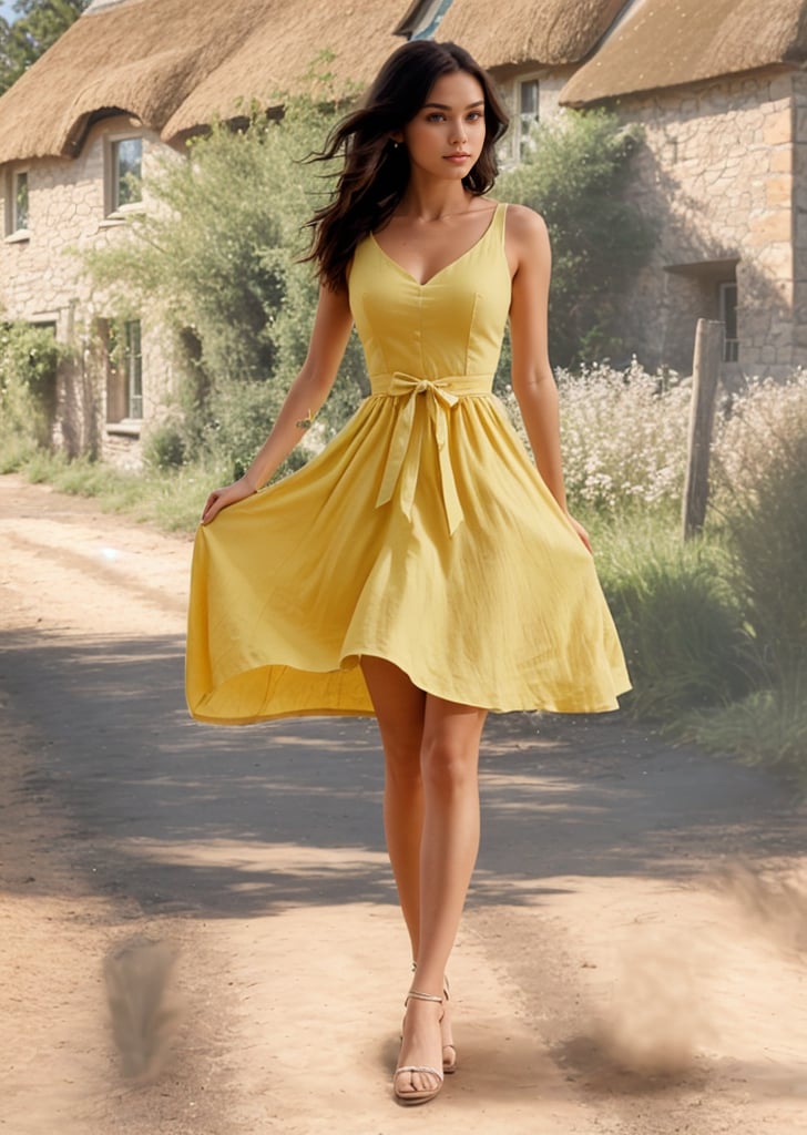 A beautiful girl wearing a yellow dress and standing in front of a country cottage. She is holding her skirt in each hand. she has perfectly shaped legs and lovely brown hair.