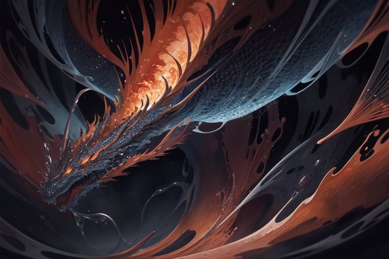 more detail XL, fantasy, ((ethereal)), ((watercolors)), ((fluid lines)), ((intricate patterns)), perfect quality, breathtaking, glowing lightning, epic, vivid, muted tones, large flying dragon, dark red scales, breathing fire, black, red, orange