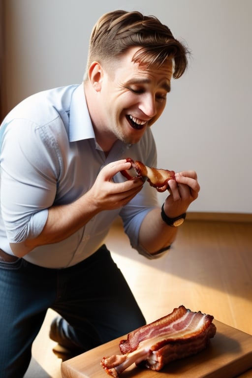 man on his knees proposing to a big juicy piece of bacon, more detail XL, masterpiece