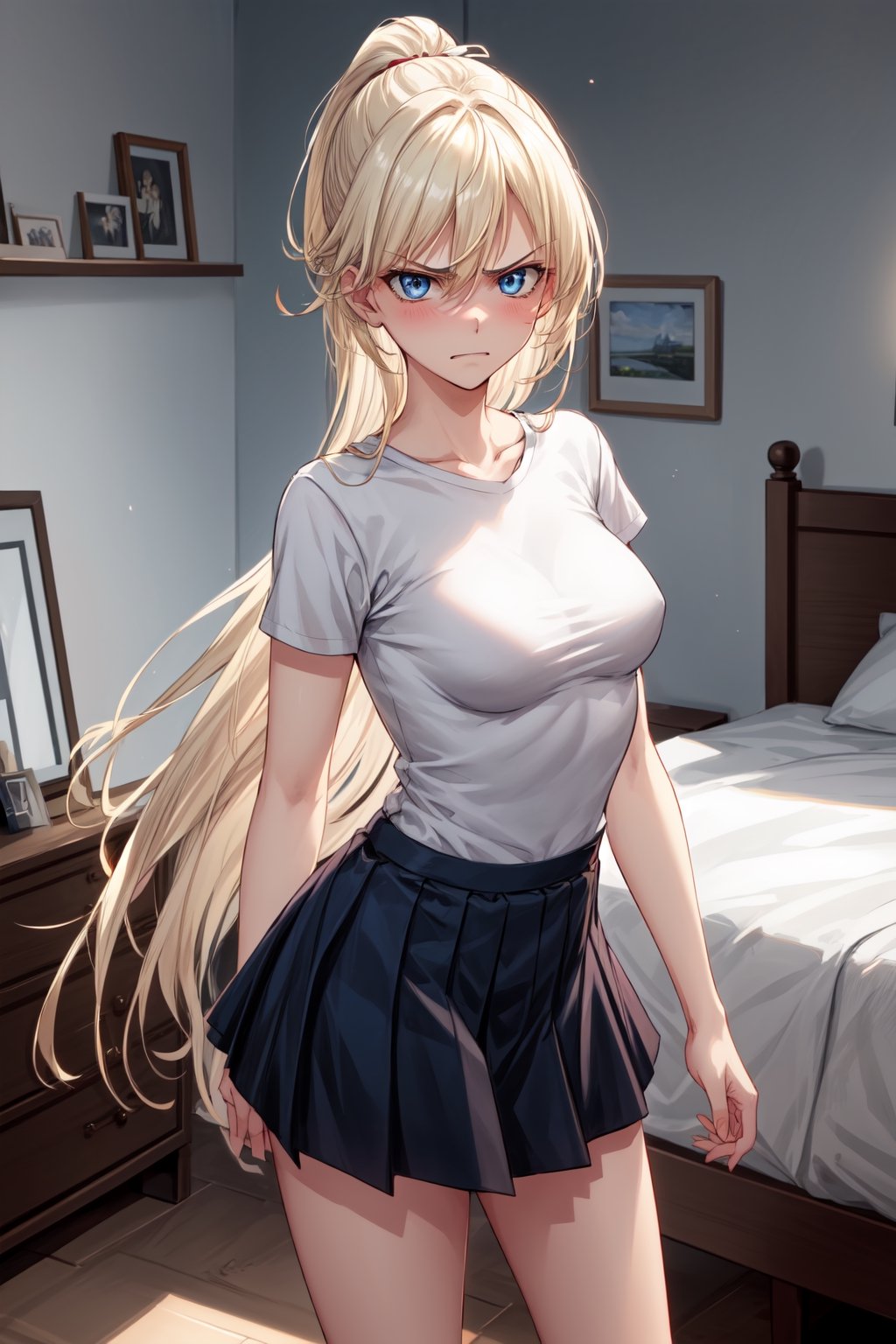 best quality,masterpiece,(breasts),1girl, long hair,platinum blond hair, blue eyes, looking_at_viewer, blushing, sv1, ponytail, bed room, standing, angry, super angry, smirking, short skirt, t-shirt, simpel outfit, cute