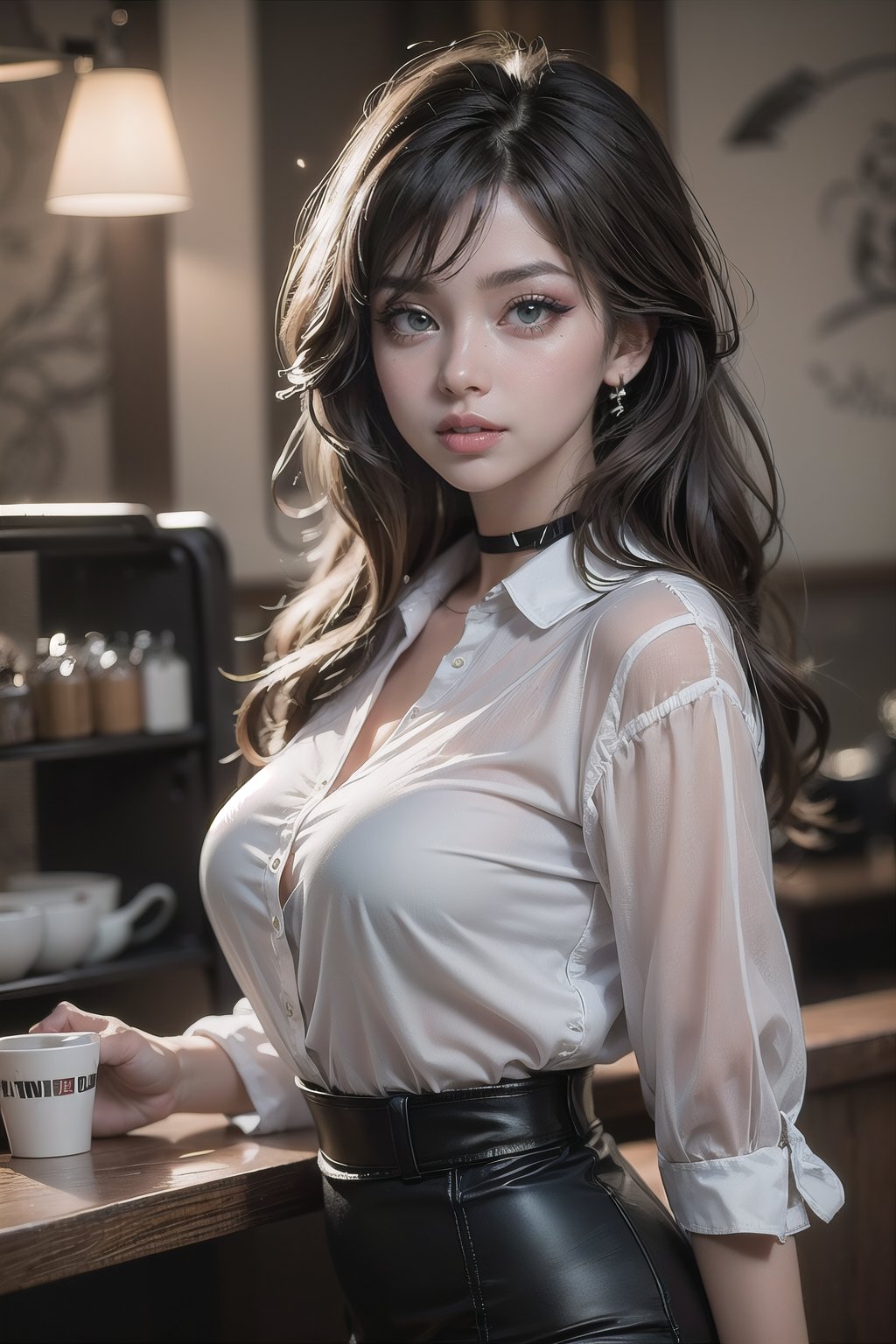 (cafe, coffee shop:1.33), indoors, (asian european girl, BROWN hair:1.2), russian, (oversized collar blouse, collared blouse, pencil skirt:1.4), (side bangs, BROWN long hair, BROWN hair:1.33), (boost hair color), (very thick top hair) (long hair), (green eyes:0.88), (make up, eyeshadow, mascara, eyeliner), (high-bridged nose), eyeshadow, lips_filler, (parted lips slightly showing two upper front teeth), teeth, blushing, makeup, earrings, (black choker), moles, (medium round breasts), huge round ass, (wide waist and hips), thick thighs), (light fair skin tone), masterpiece, ultradetailed, high_res, 8K, HD, (lifelike rendering), (reality based rendering), (unreal engine), (intricate details), solo, Detailedface, Realism, Raw photo, Photography, Photorealism, Photoshoot, 1 girl, Young beauty spirit, Best face ever in the world, Enhance, Detailedface, perfect, 1 girl, (8k sharp focus), ultra-photorealism, More Detail, Masterpiece, Color Booster,