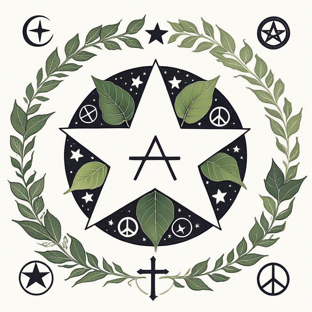 logo_emblem,Helvetica Bold_text:TA,a pentagram,peace symbol,leaf print