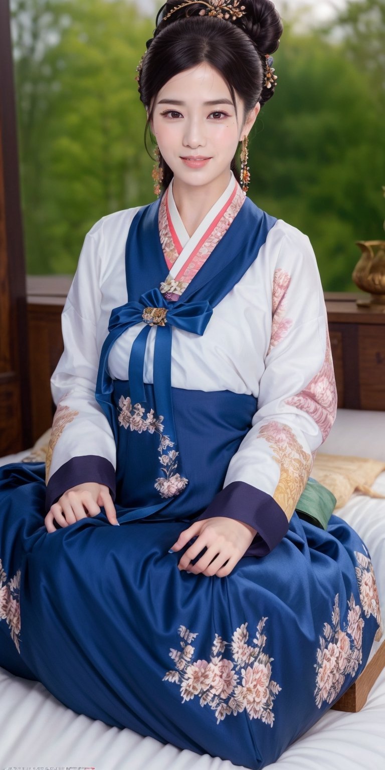 (Masterpiece), Real long-distance full body to toe images of Japanese women in the 80s, high quality, 8K ultra high definition, lifelike, detailed mature faces, realistic, 36D big Japanese women, natural, beautiful and charming, detailed faces, long Hair, big breasts, ((This is a beautiful girl wearing a floral hanbok, bokjumuni, sitting on the bed in shock)), cute girl, Miss International, mature women, realism, (smiley face), (blue hair), YAMATO , small earrings, small necklace, ((smile:1.2)), (red lips), long legs, thin legs, (quality eye set), sexual positions, bun and bangs, digital painting, fantasy, hidden forest, center big tree, [glow crystal], flower, petals, (night), hanbok, bokjumeoni, hanbok, bokjumeoni, realism,CharmaineR01, AsianGirl01