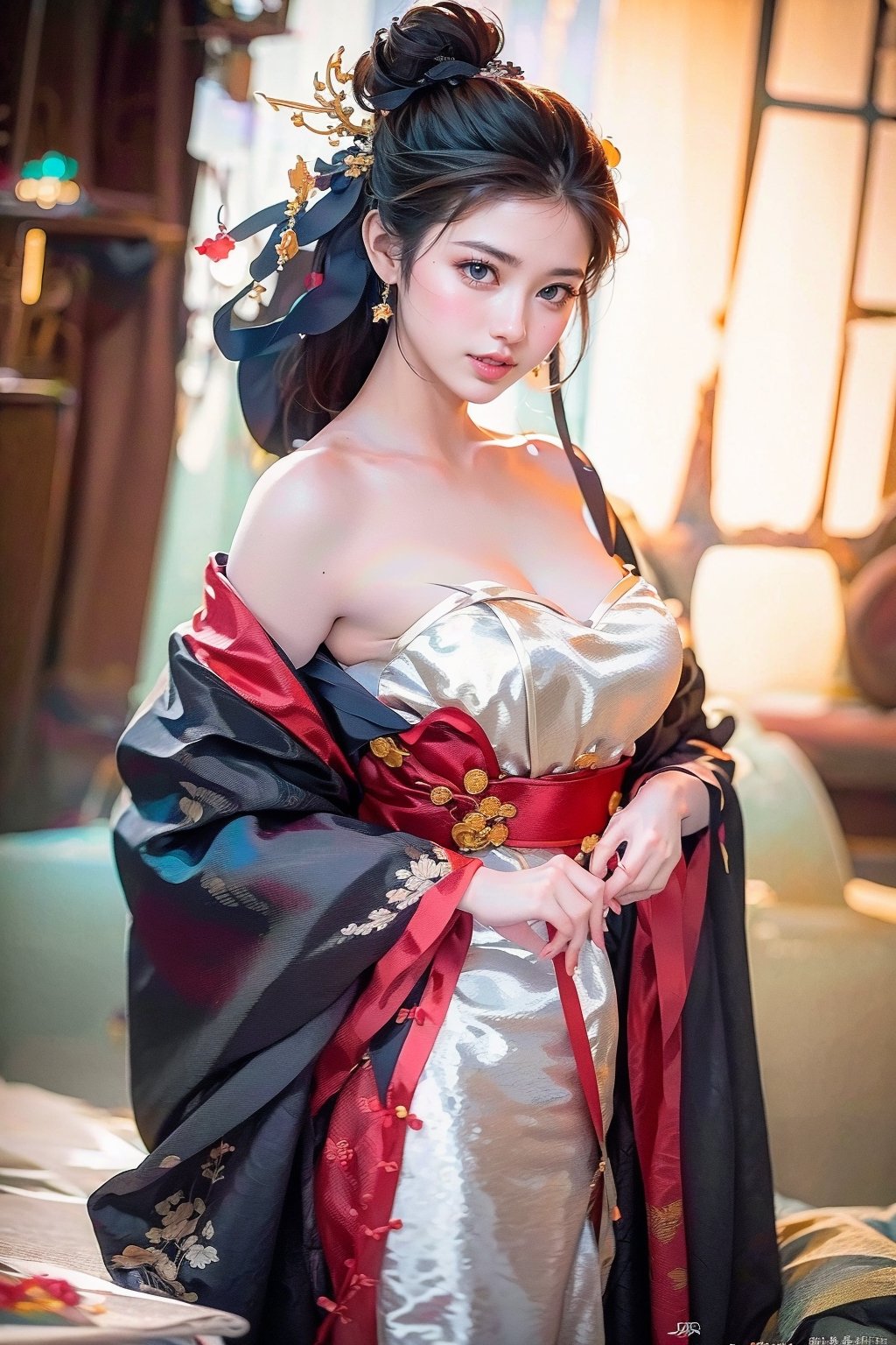 (Extremely detailed CG unified 8k wallpaper), ANCIENT_CHINESE_CASTLE_GARDEN_BACKGROUND, (((Masterpiece))), (((Best Quality))), ((Super Detailed)), (Best Illustration), (Best Shading), ( (Extremely exquisite and beautiful)), embodying the charm of ancient princesses, exuding beauty, sexiness and charm, with natural big breasts. Mesmerizing eyes convey mystery and seduction. Elegant and charming, with a slender figure and full of mystery. Off the shoulders, low cut. Ancient traditional Hanfu decorated with intricate patterns or ornate details. Seductive and elegant pose, beautyniji,perfect,Chingmy, smiling eyes, smile