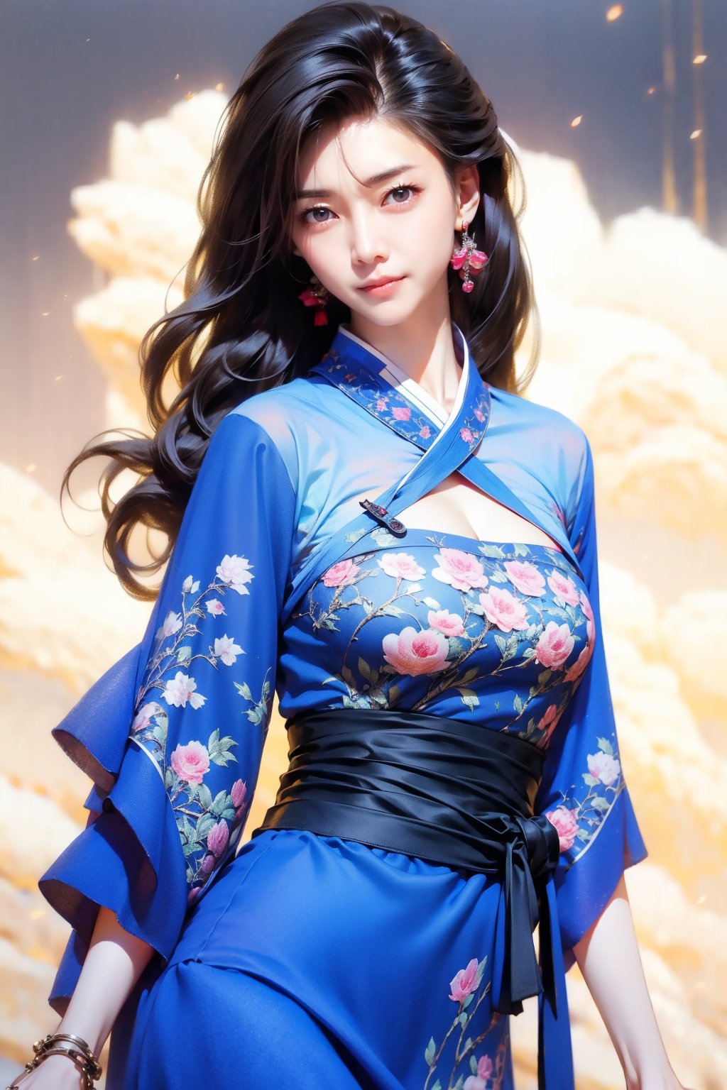 1 girl, most beautiful korean girl, Korean beauty model, idol face, gorgeous girl, 18yo, smiling, looking at viewer, ((Cowboy Shot: 1.5)), Full body, Best picture quality, high resolution, 16k, realistic, sharp focus, extreme picture quality, detailed face + eyes, casual pose, elegant, casual facial expression, realistic image of an elegant lady, no hair accessories, dark eyes , fractal art, bright colors, Korean beauty supermodel, pure white hair mixed with colorful hair tails, wearing Hanfu, wearing high-heeled sandals, radiant, perfectly customized gorgeous floral embroidery pattern suit, custom design, tense , looking at the audience, floral print, CLOUD,YukiU01