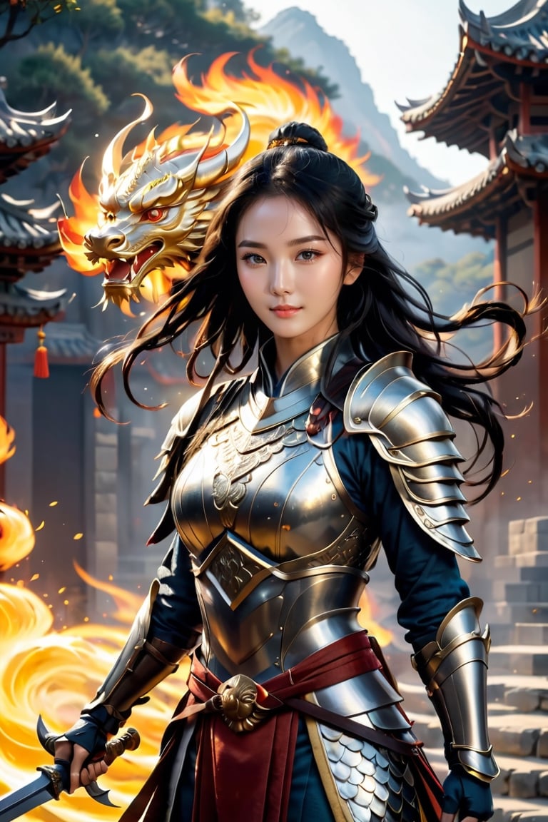 full body shot, Mulan, a women warrior with long dark braided hair,  wearing a detailed and intricate golden helmet, holding a detailed chinese silver sword, wearing ((armor made of golden scales)), sorrounded by a ball of fire, powerful, photorealistic, extreme details, 8k,dynamic pose,full_body, gh3a, LinkGirl,fire element, ,photo r3al, ((with loong)), Chinese dragon style fire, from below,