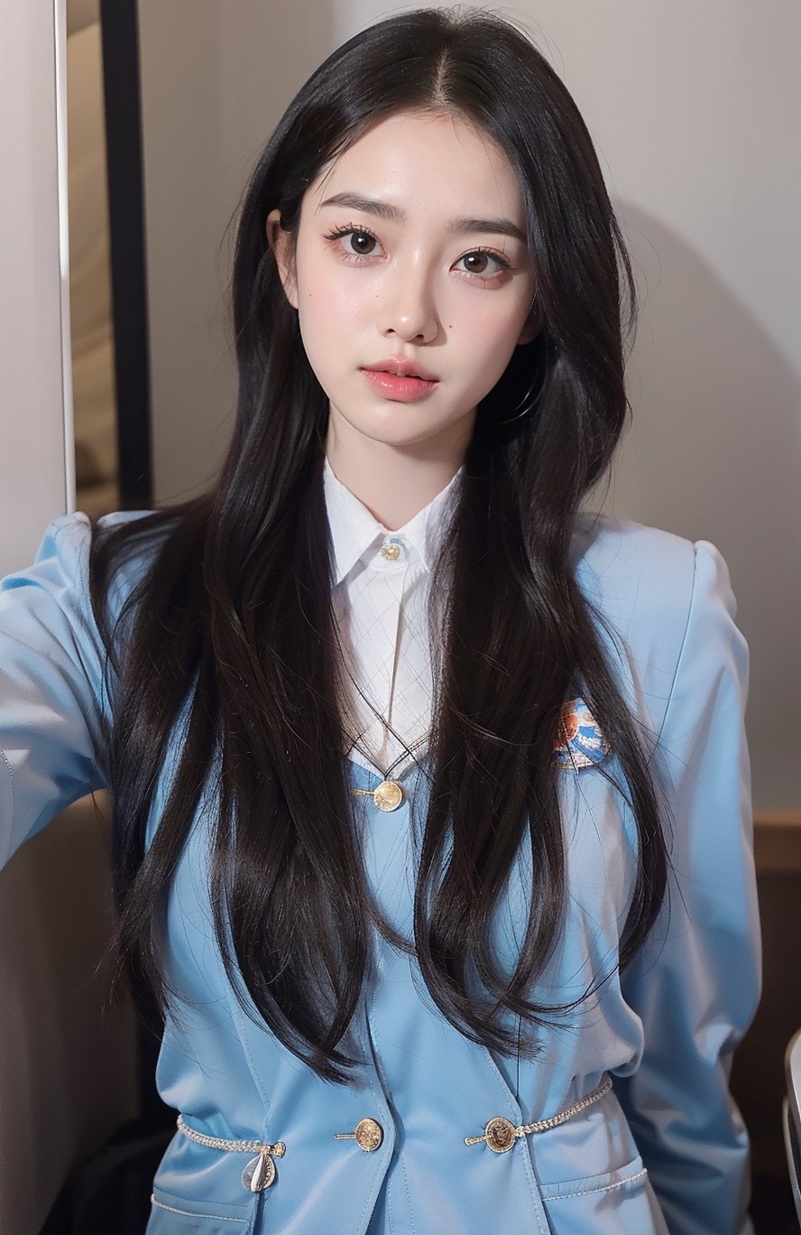 4k,best quality,((Flight attendant uniform)),masterpiece,18yo 1girl, (Beautiful and detailed eyes),Detailed face, detailed eyes, double eyelids ,thin face, real hands, Slender legs, whole body,  black hair, real person
﻿