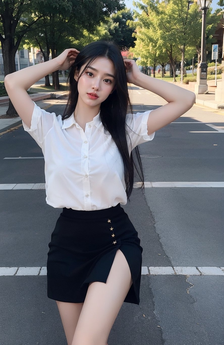 4k,best quality,(( Ultra short skirt)),masterpiece,18yo 1girl, (Beautiful and detailed eyes),Detailed face, detailed eyes, double eyelids ,thin face, real hands, Slender legs, （Full body photo）,  black hair, real person,At the park