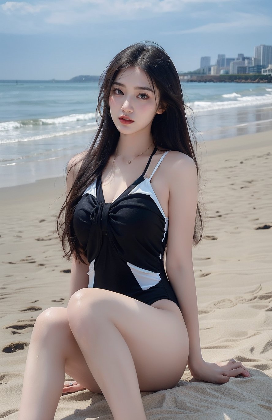 4k,best quality,(( Swimsuit)),Model pose,masterpiece,18yo 1girl, (Beautiful and detailed eyes),Detailed face, detailed eyes, double eyelids ,thin face, real hands, Slender legs, （Full body photo）,  black hair, real person,At the beach