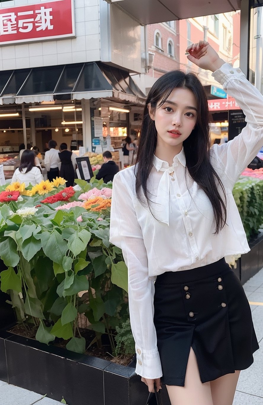 4k,best quality,(( Ultra short skirt)),masterpiece,18yo 1girl, (Beautiful and detailed eyes),Detailed face, detailed eyes, double eyelids ,thin face, real hands, Slender legs, （whole body）,  black hair, real person,At the supermarket