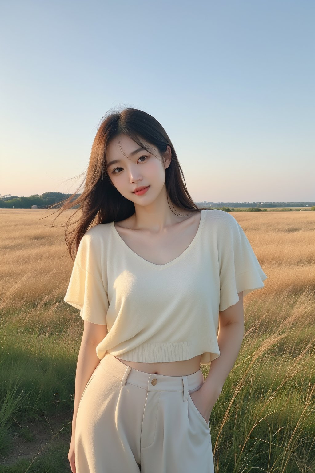 Soft focus on a warm-toned Korean woman wearing comfortable sportswear, her gentle smile and captivating eyes drawing the viewer's attention. Her adorable features are set against a serene backdrop of endless green grasslands, with the sun casting a soft glow across the scene, highlighting the subtle folds in her clothing and the texture of the tall grasses.