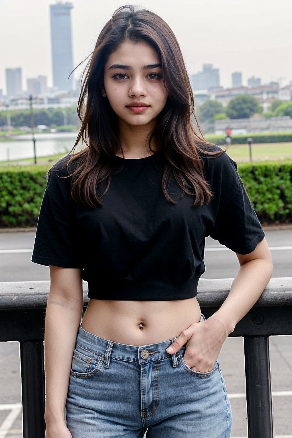 lovely cute young attractive indian teenage girl, big city girl, 18 years old, cute, an Instagram model, long black_hair, colorful hair, hot, dacing, wear black top, jeans,Indian