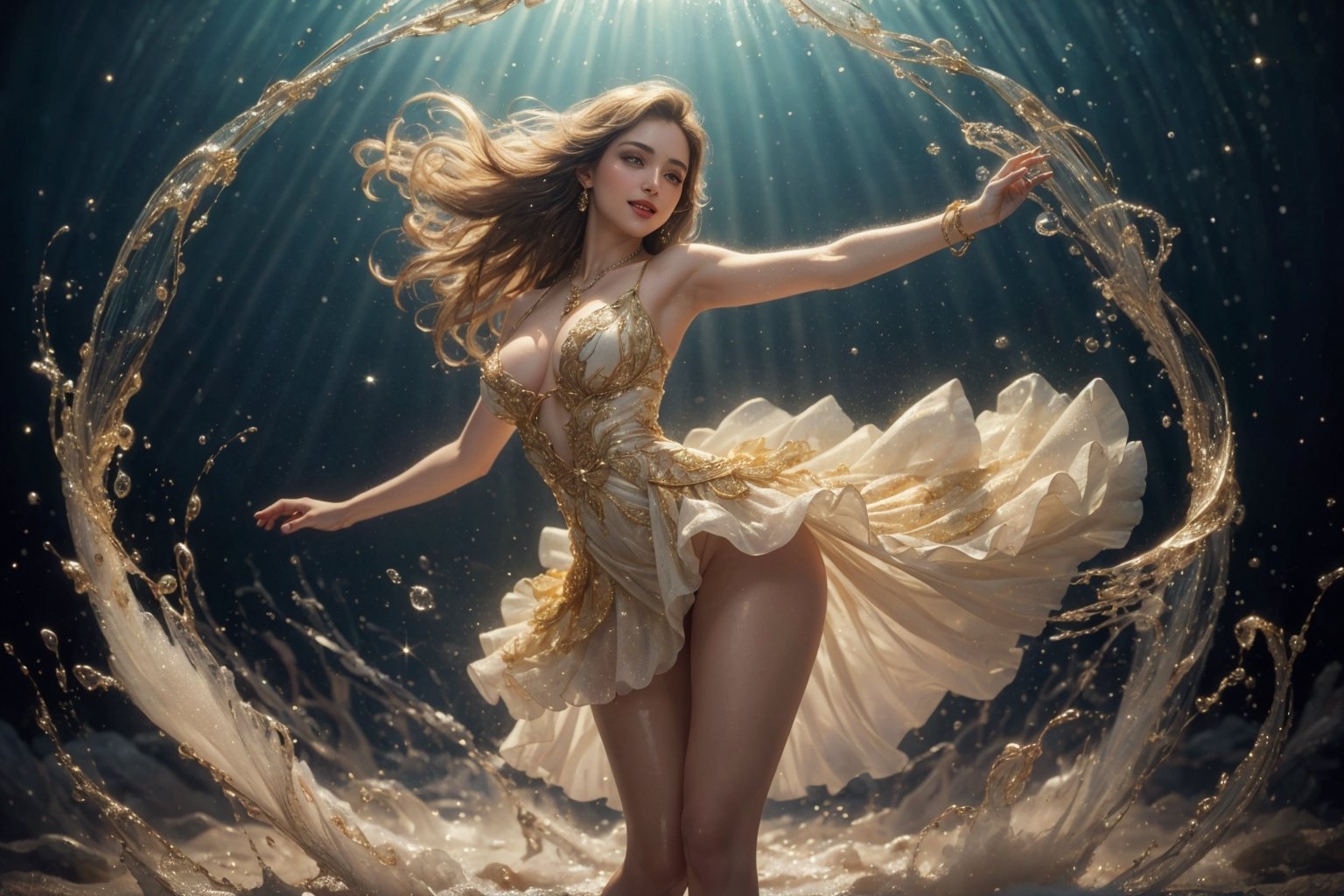 a naked woman's ethereal movements are enhanced by a dazzling white and gold dress that hugs her graceful form. The skirt of the dress is an enchanting sight to behold, as it transforms into a glorious splash of ivory liquid milk, reminiscent of flowing milk. Within this liquid cascade, golden droplets glisten and sparkle, adding an extra touch of magic to the scene. As the woman pirouettes and leaps, the liquid skirt follows her every motion, creating an otherworldly visual spectacle. It is as if she is dancing amidst a celestial realm, where liquid and gold harmoniously blend to create an exquisite masterpiece. The photograph captures a fleeting moment of elegance, leaving the viewer captivated by the woman's artistry and the ethereal beauty of her attire.  Beautiful hand and clear details , full body cover of milk , looks like a dress.1 female only, 20 years old ,A blonde beauty, wearing a dress make by splash of milk, transformed into a beautiful dress. 

masterpiece ,dark background,ultra highres, ultra detailed, More detail , best quality, only 1 key light front of dim light from top, rim light , lower Angle view ,sharpen edge light ,offcenter strong photo studio light, Exquisite details and textures, cinematic telelens shot , vibrant color,   lips seductive open, perfect teeth, show D cup ,natural saggy medium breasts ,necklace , Body slightly forward, seductive face, erotic smile, eye contact, offcenter look at viewer, full body focus, detailed eyes and face, detailed skin texture and fabric rendering, detailed details, white tight soft tulle , neck bare shoulders , flowy silhoutte , hair blown by the breeze, delicate facial features ,Perfect curve hip line ,show butt ,Realism, dark background ,Extremely REALISTIC, best quality.