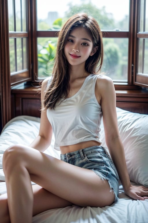 best quality, masterpiece, 1girl, light smile, wearing a white cotton sleeveless shirt and micro cotton shorts, best quality, masterpiece, ultra high res, intricate details,, full body, visible legs, dramatic lighting, indoor, sitting on the bed